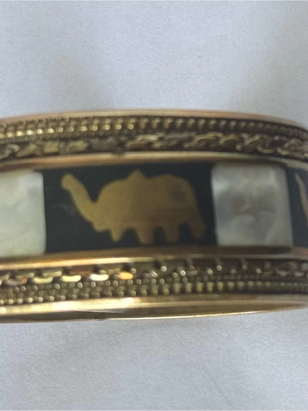 Vintage Brass Elephant & Mother of Pearl Inlay Bangle Bracelet
